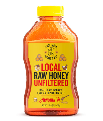 16oz bottle of local raw unfiltered honey from Arvonia, VA, featuring a vibrant label stating "Real Honey Doesn't Have An Expiration Date."